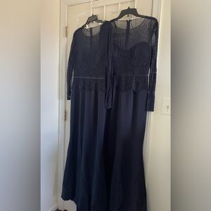 Navy Lace and Beading Long Sleeve Gown